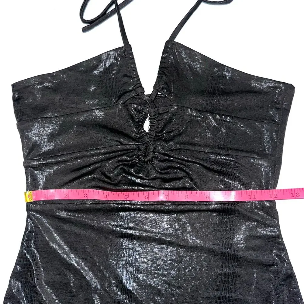 Princess Polly Black Shine Snake Texture Halter Bodycon Mini Dress Size 4